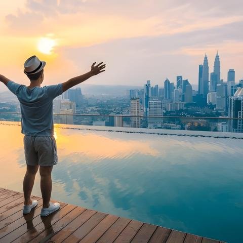 A person in a hat stands with arms outstretched beside an infinity pool, overlooking a city skyline at sunrise, conveying a sense of freedom and wonder.