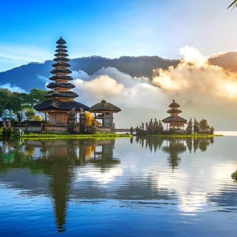 Lake view with a Balinese temple reflecting in the calm water, set against mountains and a cloudy sunrise, creating a serene and tranquil atmosphere.