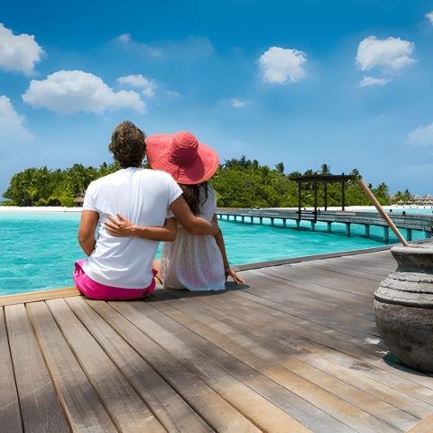 A couple sits arm-in-arm on a wooden dock, overlooking a turquoise sea. Bright blue sky with fluffy clouds enhances the serene, romantic setting.