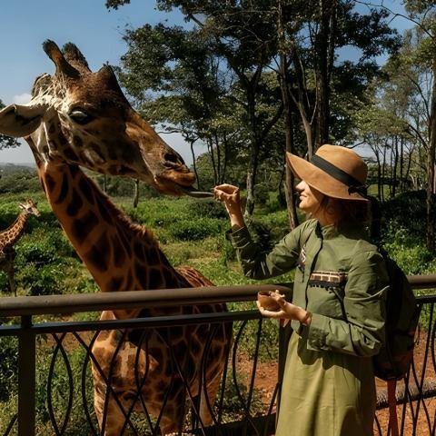 A woman in a green outfit and straw hat feeds a giraffe from a balcony in a lush, green landscape. The scene is bright and tranquil.
