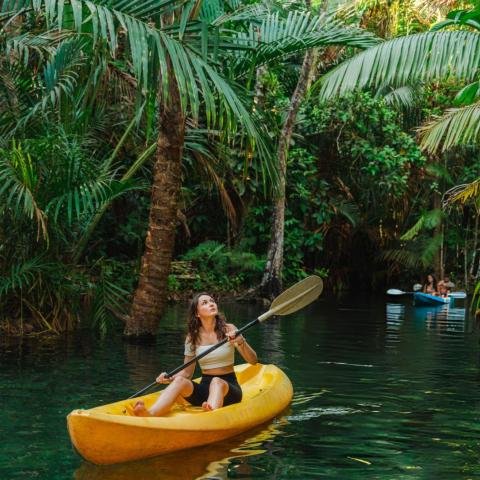 A woman in a yellow kayak paddles through lush, tropical greenery, exuding a sense of adventure. Behind her, another kayak can be seen on the water.