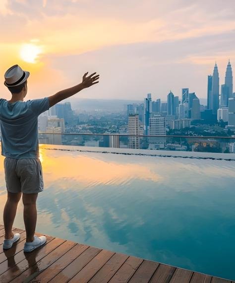 A person in a hat stands with arms outstretched beside an infinity pool, overlooking a city skyline at sunrise, conveying a sense of freedom and wonder.