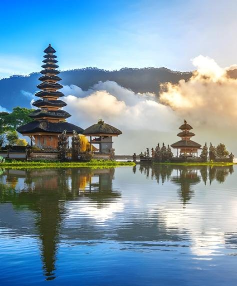 Lake view with a Balinese temple reflecting in the calm water, set against mountains and a cloudy sunrise, creating a serene and tranquil atmosphere.