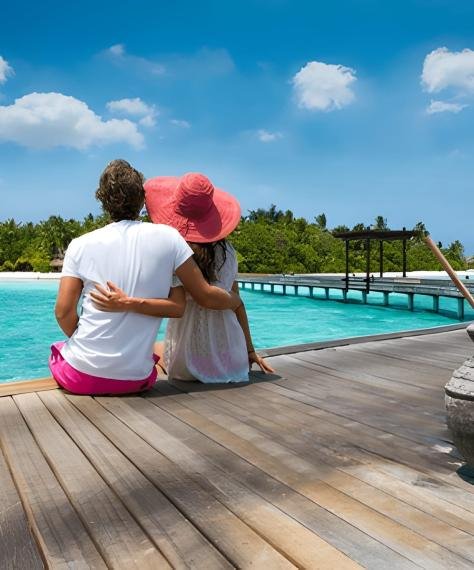 A couple sits arm-in-arm on a wooden dock, overlooking a turquoise sea. Bright blue sky with fluffy clouds enhances the serene, romantic setting.
