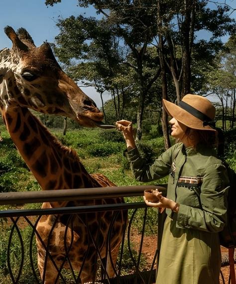 A woman in a green outfit and straw hat feeds a giraffe from a balcony in a lush, green landscape. The scene is bright and tranquil.